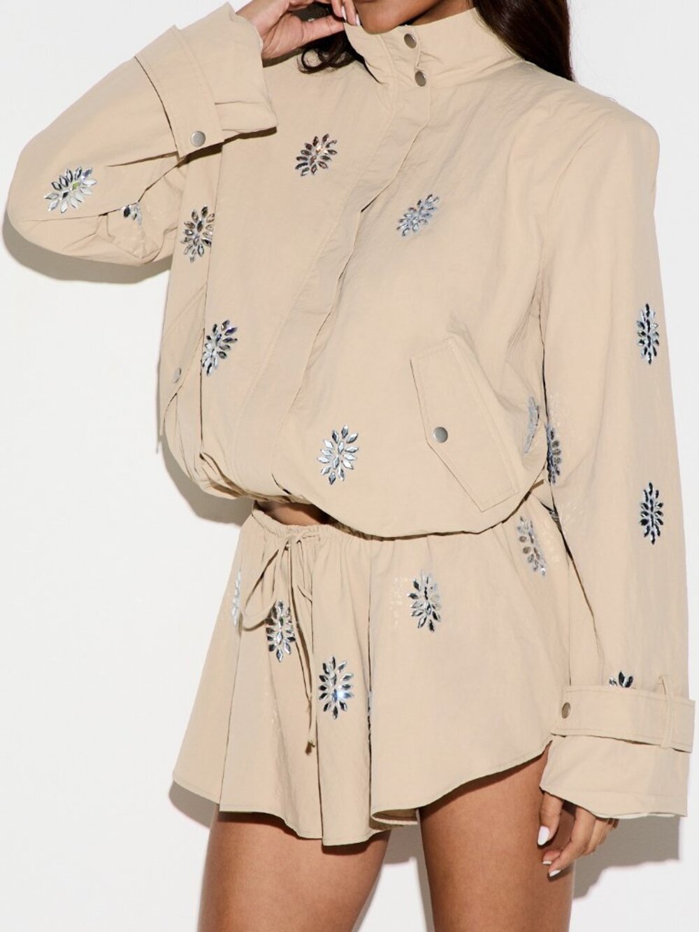 Khaki Oversized Utility Jacket With Rhinestone - Picture 4 of 5